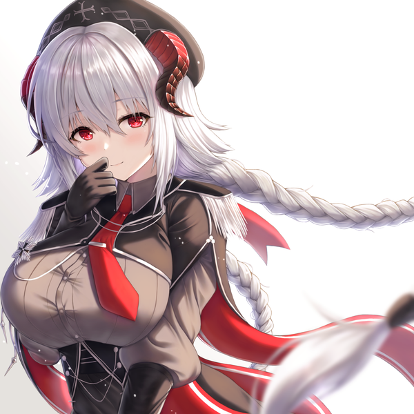 Anime picture 1536x1536 with azur lane nurnberg (azur lane) buran (22x) single looking at viewer blush fringe breasts light erotic simple background smile hair between eyes red eyes large breasts white background payot silver hair upper body braid (braids) long sleeves