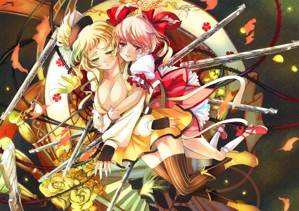 Anime picture 1500x1060 with mahou shoujo madoka magica shaft (studio) kaname madoka tomoe mami fuyouchu breasts light erotic blonde hair large breasts multiple girls yellow eyes pink hair cleavage pink eyes hug drill hair girl thighhighs gloves weapon