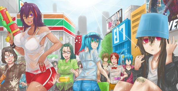 Anime picture 2343x1200 with original coca-cola exaxuxer long hair blush highres short hair light erotic black hair smile red eyes wide image purple eyes multiple girls green eyes blue hair purple hair red hair eyes closed one eye closed