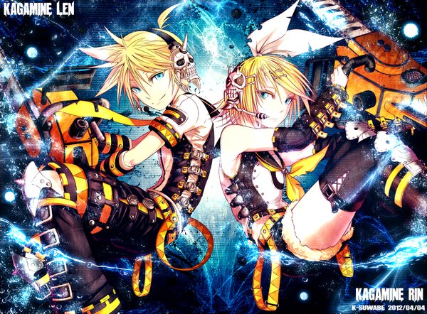 Anime picture 1500x1105 with vocaloid kagamine rin kagamine len kei-suwabe looking at viewer short hair blue eyes blonde hair horn (horns) inscription torn clothes twins brother and sister girl thighhighs boy hair ornament bow detached sleeves hairclip