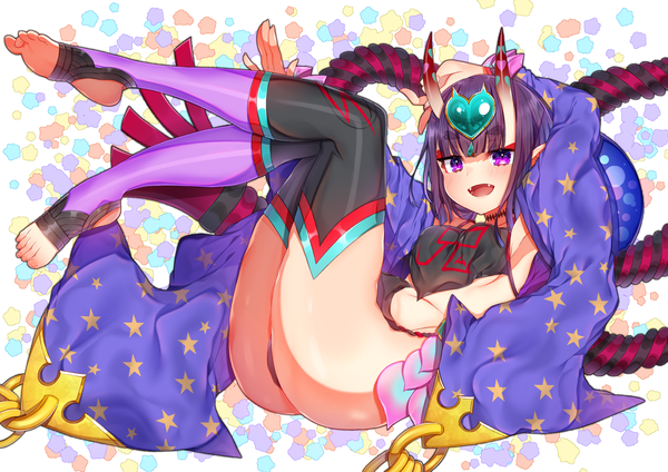 Anime picture 2300x1626 with fate (series) fate/grand order shuten douji (fate) shuten douji (halloween caster) (fate) akirannu single looking at viewer blush fringe highres short hair breasts open mouth light erotic simple background smile sitting purple eyes purple hair full body