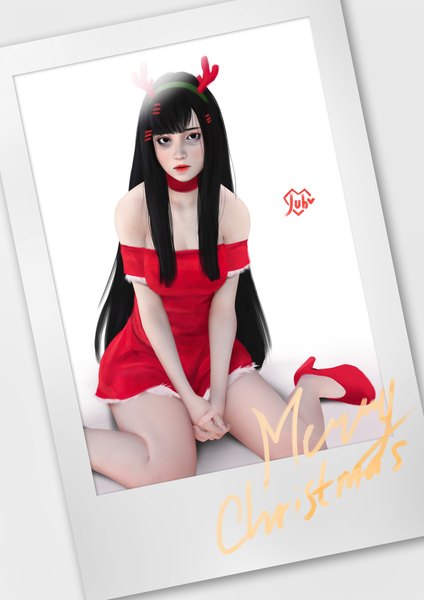 Anime picture 2480x3508 with original alyssa (jubi) jubi (regiana) single long hair tall image looking at viewer highres breasts black hair white background sitting bare shoulders signed black eyes realistic bare legs lipstick wariza christmas