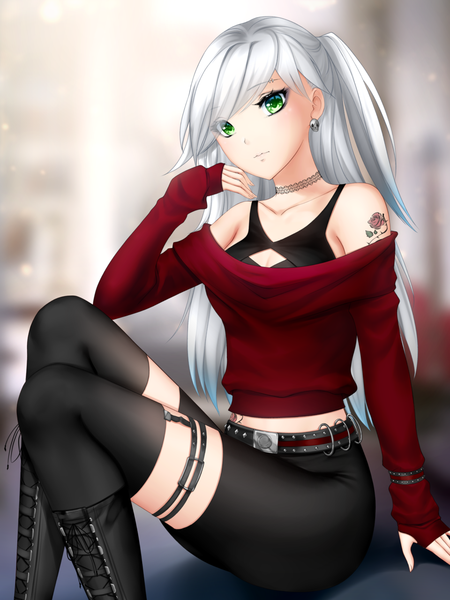 Anime picture 960x1280 with original gigamessy single long hair tall image looking at viewer blush fringe breasts sitting bare shoulders green eyes silver hair long sleeves off shoulder tattoo depth of field piercing sleeves past wrists eyebrow piercing