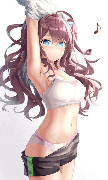 Anime picture 1686x2800 with idolmaster idolmaster cinderella girls ichinose shiki hamstarhand single long hair tall image looking at viewer blush fringe breasts blue eyes light erotic simple background hair between eyes brown hair standing payot ahoge arms up