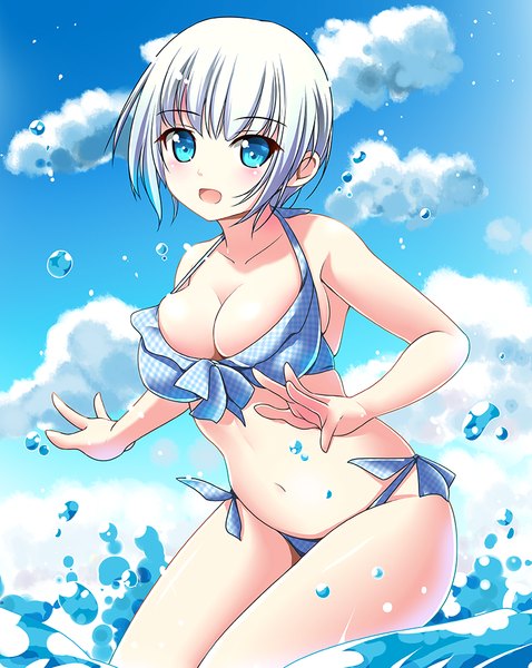 Anime picture 800x1005 with original matsunaga kouyou single tall image looking at viewer blush fringe short hair breasts open mouth blue eyes light erotic large breasts standing bare shoulders sky cloud (clouds) white hair grey hair bare legs