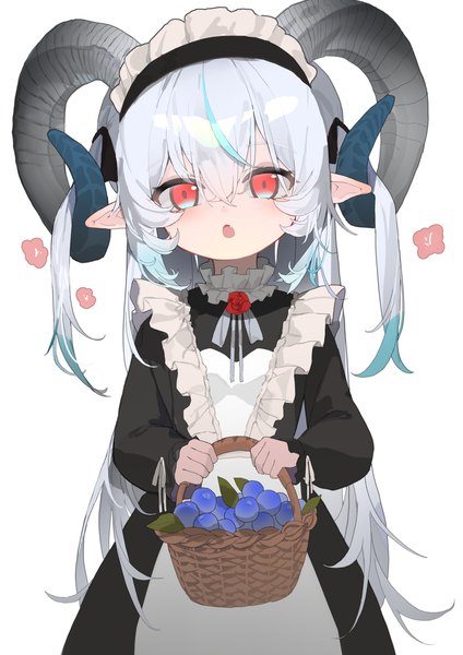 Anime picture 2480x3508 with original kele mimi single long hair tall image looking at viewer fringe highres open mouth simple background hair between eyes red eyes standing white background holding white hair blunt bangs horn (horns) pointy ears :o