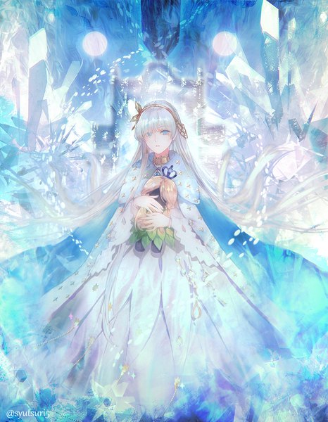 Anime picture 875x1125 with fate (series) fate/grand order anastasia (fate) viy (fate) shutsuri single tall image looking at viewer fringe blue eyes holding signed silver hair very long hair hair over one eye twitter username girl dress headband crystal