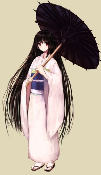 Anime picture 1743x3000 with original iori (cpeilad) single tall image looking at viewer highres black hair simple background red eyes white background very long hair traditional clothes japanese clothes brown background girl kimono umbrella obi