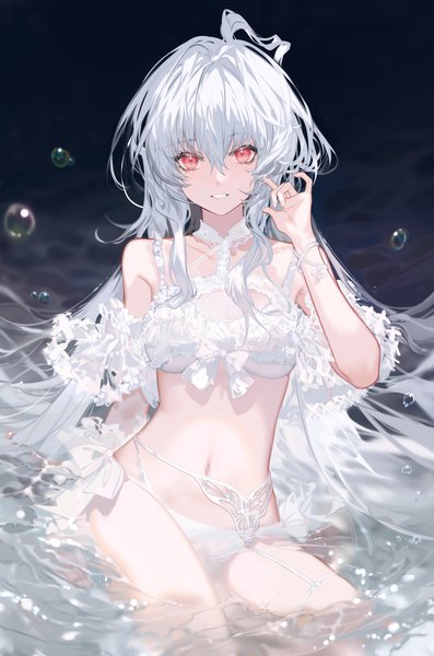 Anime picture 1323x2000 with fate (series) fate/grand order fate/prototype merlin (fate/prototype) lady avalon (fate) arlizi single long hair tall image looking at viewer fringe breasts light erotic smile hair between eyes red eyes sitting bare shoulders silver hair ahoge