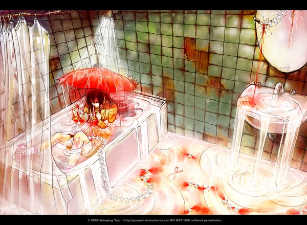 Anime picture 1280x939 with original yuumei sitting water blood umbrella mirror tiles bath bathroom scissors shower sink