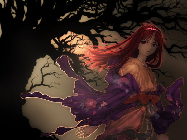 Anime picture 1024x768 with long hair red eyes red hair japanese clothes wallpaper dark background hairband