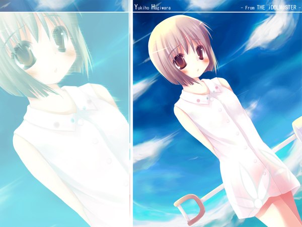 Anime picture 1600x1200 with idolmaster hagiwara yukiho hako single blush fringe short hair brown hair bare shoulders brown eyes sky cloud (clouds) embarrassed wallpaper copyright name character names hands behind back zoom layer girl sundress