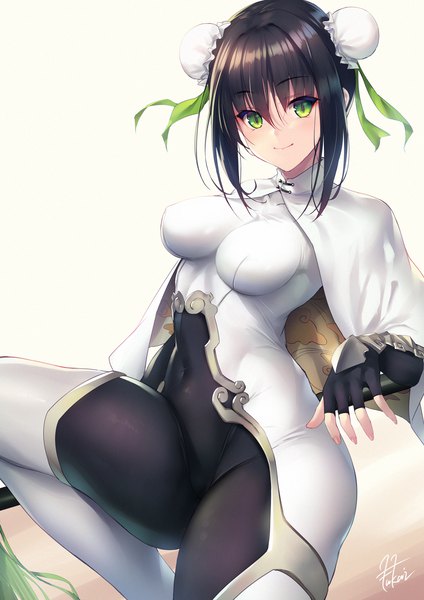 Anime picture 1110x1570 with fate (series) fate/grand order qin liangyu (fate) fukai ryosuke single tall image looking at viewer fringe short hair breasts light erotic black hair simple background smile hair between eyes standing green eyes signed payot hair bun (hair buns)