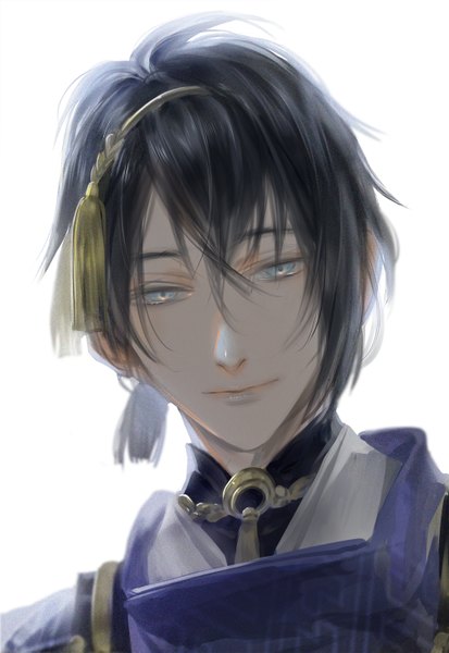 Anime picture 1000x1453 with touken ranbu nitroplus mikazuki munechika yunvshen single tall image looking at viewer fringe short hair black hair simple background smile white background green eyes traditional clothes japanese clothes light smile lips portrait boy