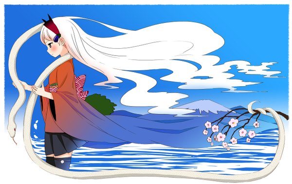 Anime picture 1400x884 with original abe kanari single long hair blush standing sky white hair traditional clothes japanese clothes profile pleated skirt black eyes cherry blossoms border snow mountain girl thighhighs skirt