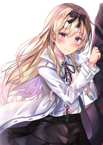 Anime picture 1032x1457 with arifureta shokugyou de sekai saikyou white fox yue (arifureta) tsukasa tsubasa long hair tall image looking at viewer blush fringe blonde hair simple background smile hair between eyes red eyes white background floating hair slit pupils girl boy skirt