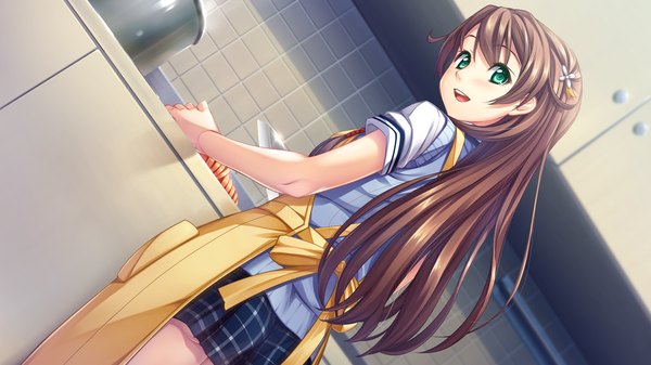 Anime picture 1280x720 with sousei kitan aerial misaki miku long hair open mouth brown hair wide image green eyes game cg cooking girl uniform school uniform apron tiles kitchen