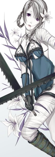 Anime picture 1190x3366 with nier kaine (nier) cham single tall image fringe short hair breasts light erotic simple background white background purple eyes holding silver hair braid (braids) mouth hold single braid side braid pale skin dual wielding