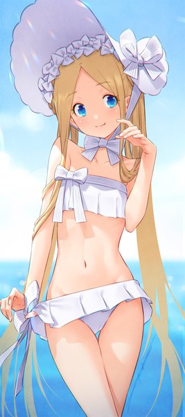 Anime picture 668x1500 with fate (series) fate/grand order abigail williams (fate) abigail williams (swimsuit foreigner) (fate) kazuma muramasa single tall image blue eyes light erotic blonde hair smile standing twintails looking away sky cloud (clouds) outdoors very long hair groin girl