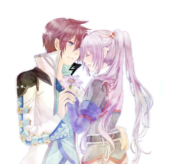 Anime picture 1200x1127 with tales of graces sophie (tales) asbel lhant tagme (artist) long hair blush short hair open mouth blue eyes simple background brown hair white background twintails purple hair eyes closed couple girl boy flower (flowers)