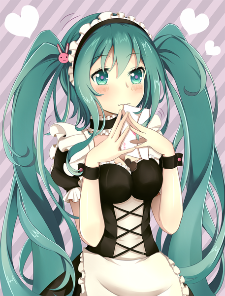 Anime picture 1250x1640 with vocaloid hatsune miku lucky keai single long hair tall image blush fringe hair between eyes twintails holding payot looking away aqua eyes aqua hair maid alternate costume mouth hold between breasts striped background