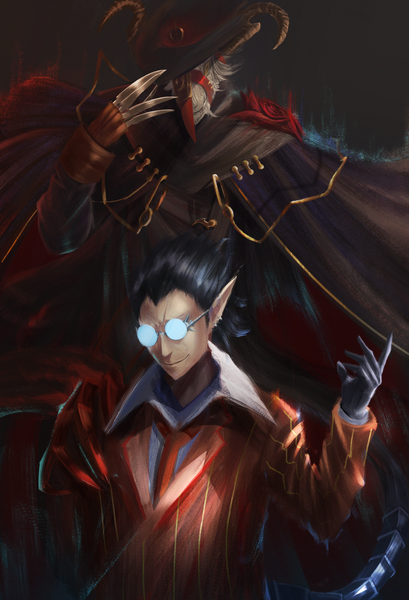 Anime picture 1500x2200 with overlord (maruyama) madhouse demiurge ulbert alain odle rausu (undeadmachine) tall image looking at viewer short hair black hair simple background smile standing yellow eyes upper body white hair horn (horns) pointy ears multiple boys piercing black background