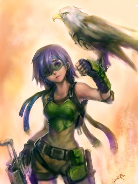 Anime picture 1536x2048 with league of legends quinn (league of legends) valor (league of legends) phantom (ptcrow) tall image short hair purple eyes signed looking away purple hair lips bare belly bird on hand girl gloves weapon animal belt bird (birds) gun