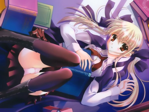 Anime picture 1024x768 with long hair light erotic blonde hair twintails brown eyes lying from behind pantyshot thighhighs skirt uniform underwear panties black thighhighs school uniform miniskirt boots book (books) blouse