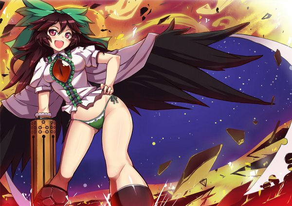 Anime picture 1500x1060 with touhou reiuji utsuho taketora (artist) single long hair open mouth light erotic black hair red eyes hand on hip starry sky print arm cannon girl underwear panties bow weapon hair bow wings huge weapon