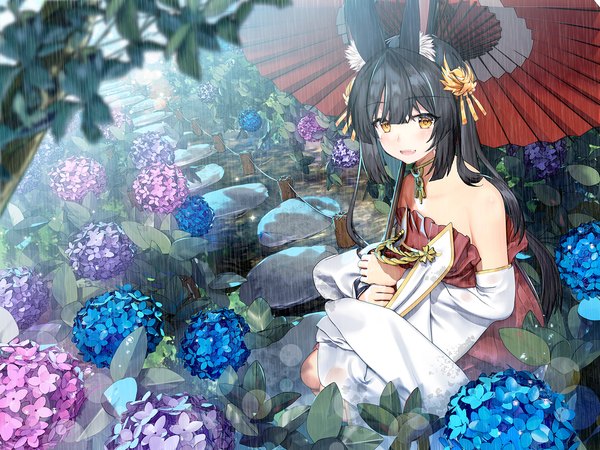 Anime picture 1600x1200 with azur lane nagato (azur lane) sugitaranpaku single long hair looking at viewer blush fringe open mouth black hair bare shoulders animal ears yellow eyes full body outdoors blunt bangs traditional clothes :d japanese clothes fox ears