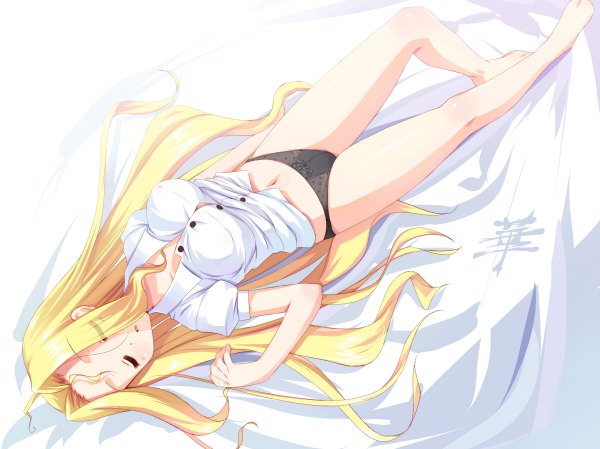 Anime picture 1200x898 with saki ryuumonbuchi touka senji (tegone spike) single long hair light erotic blonde hair lying eyes closed sleeping girl underwear panties shirt