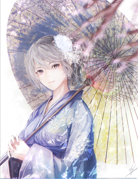 Anime picture 871x1127 with kantai collection kaga aircraft carrier marumoru single tall image looking at viewer short hair brown eyes traditional clothes japanese clothes grey hair depth of field side ponytail girl hair ornament kimono umbrella branch oriental umbrella