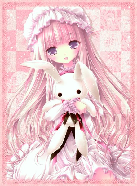 Anime picture 1887x2560 with ro-kyu-bu! project no.9 hakamada hinata tinker bell long hair tall image blush highres open mouth purple eyes pink hair loli girl dress toy stuffed animal bonnet bunny