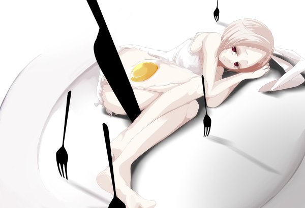 Anime picture 1200x820 with original memai single short hair blonde hair smile red eyes lying light smile bunny ears on side bunny girl pale skin girl food knife plate fork egg