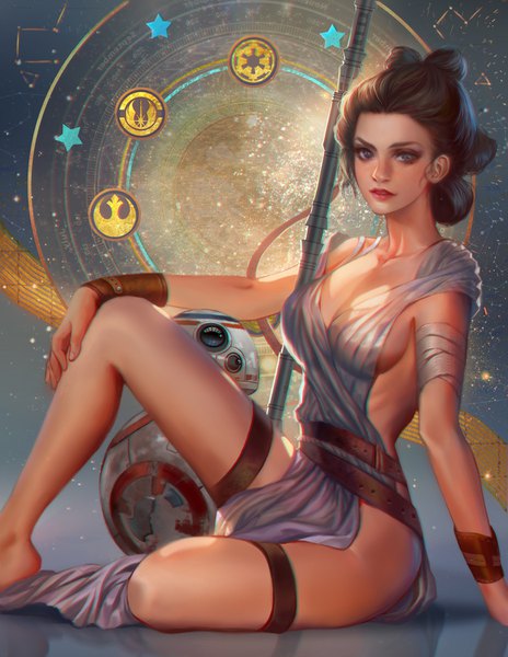 Anime picture 638x825 with star wars star wars: the force awakens rey (star wars) bb-8 jiuge single tall image looking at viewer blush short hair breasts light erotic brown hair sitting cleavage bent knee (knees) parted lips lips realistic off shoulder