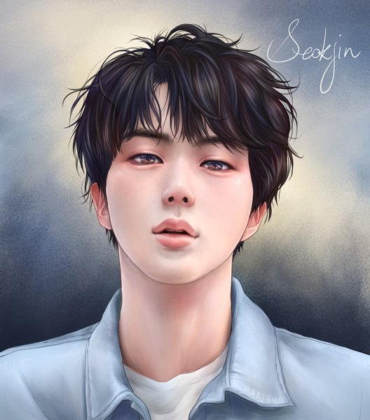 Anime picture 1443x1638 with real life bts jin (bts) mari945 single tall image looking at viewer fringe short hair black hair simple background brown eyes signed upper body parted lips lips realistic grey background character names portrait