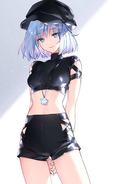 Anime picture 1200x1920 with original nardack single tall image looking at viewer fringe short hair blue eyes simple background hair between eyes standing silver hair multicolored hair light smile midriff hands behind back colored inner hair girl hat shorts