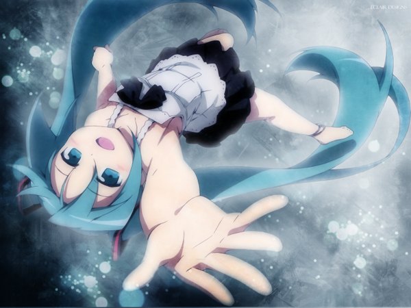 Anime picture 1280x960 with vocaloid hatsune miku eclairdesigns single long hair blush open mouth twintails aqua eyes aqua hair flying girl skirt sundress