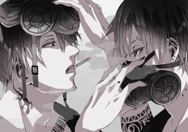 Anime picture 1376x971 with original yongkang fringe short hair open mouth red eyes holding nail polish profile fingernails multiple boys tattoo piercing mouth hold smoke face to face eye contact boy tongue 2 boys