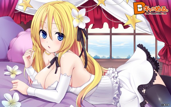 Anime picture 1920x1200 with d chara mail long hair blush highres breasts blue eyes light erotic blonde hair wide image girl thighhighs dress hair ornament flower (flowers) black thighhighs detached sleeves window star (symbol)