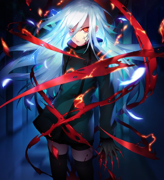 Anime picture 1280x1400 with akeiro kaikitan velvet (akeiro kaikitan) sumeragi kohaku single long hair tall image looking at viewer fringe hair between eyes red eyes game cg white hair girl thighhighs black thighhighs feather (feathers)