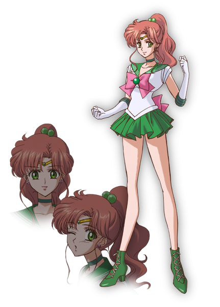 Anime picture 736x1024 with bishoujo senshi sailor moon toei animation kino makoto sailor jupiter single long hair tall image brown hair standing green eyes ponytail pleated skirt one eye closed wink transparent background face lacing girl skirt gloves