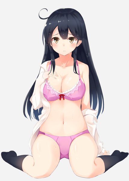 Anime picture 1786x2500 with kantai collection ushio destroyer takehana note single long hair tall image blush highres breasts light erotic black hair simple background large breasts sitting bare shoulders looking away cleavage full body ahoge long sleeves