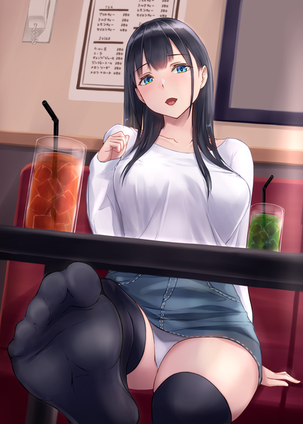 Anime picture 2590x3624 with original nyanko kaitou single long hair tall image highres breasts open mouth blue eyes light erotic black hair large breasts sitting indoors head tilt :d pantyshot no shoes soles pantyshot sitting