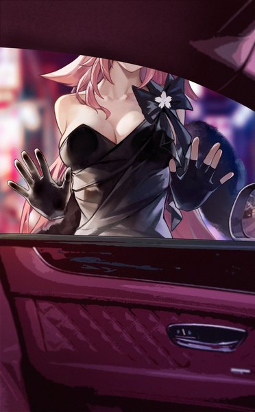 Anime picture 1884x3042 with genshin impact yae miko le (huanglongen) single long hair tall image highres breasts light erotic large breasts standing animal ears pink hair alternate costume fox ears breast press head out of frame against glass girl dress