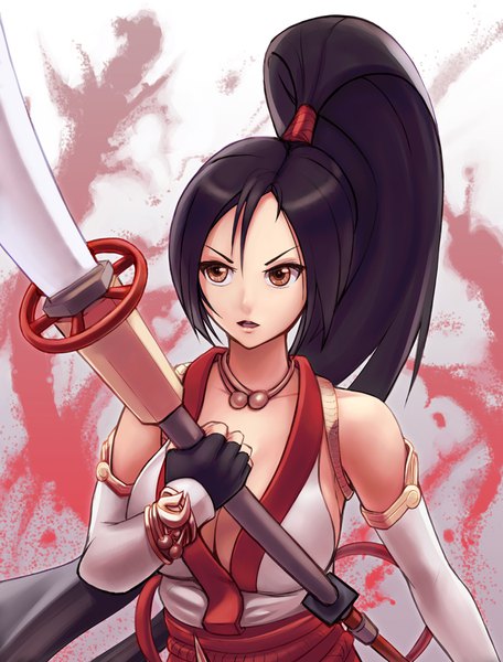 Anime picture 685x900 with ninja gaiden momiji (ninja gaiden) hybridmink single long hair tall image light erotic black hair holding brown eyes looking away ponytail parted lips serious girl gloves weapon detached sleeves choker black gloves