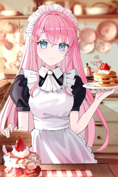 Anime picture 997x1500 with original iren lovel single long hair tall image looking at viewer fringe blue eyes hair between eyes standing holding pink hair indoors light smile maid puffy sleeves girl uniform food headdress