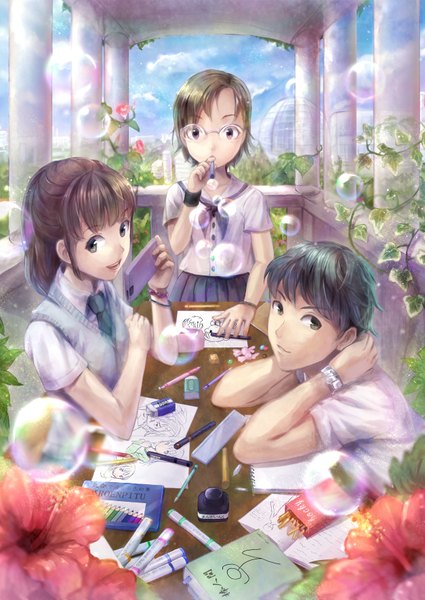 Anime picture 2507x3541 with original azumi (tks-sd) long hair tall image looking at viewer highres short hair black hair brown hair multiple girls black eyes girl boy uniform flower (flowers) 2 girls plant (plants) school uniform shirt glasses