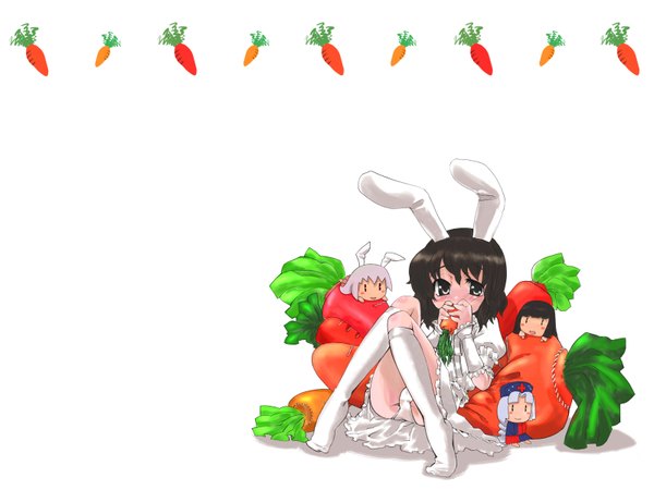 Anime picture 1600x1200 with touhou inaba tewi gengorou highres light erotic animal ears bunny ears wallpaper pantyshot sitting girl underwear panties socks knee socks vegetables carrot