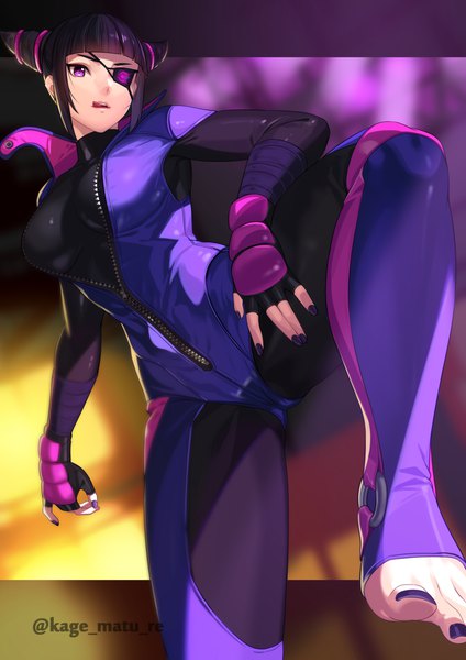 Anime picture 1736x2456 with street fighter capcom han juri kagematsuri single tall image looking at viewer fringe highres short hair breasts light erotic black hair standing purple eyes signed payot bent knee (knees) blunt bangs nail polish